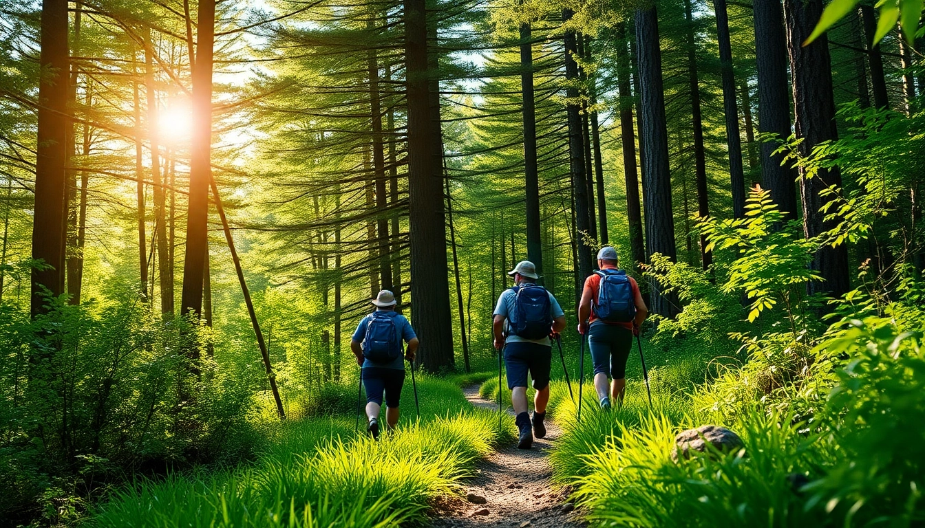 Hiking enthusiasts walking through vibrant forest trail with scenic nature views, showcasing outdoor adventure.