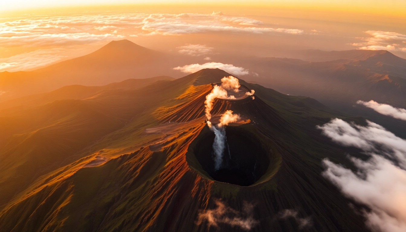 Majestic view of Mt. Rinjani with lush greenery, volcanic crater, and morning sunrise, highlighting Indonesia's second-highest volcano for adventure travelers.