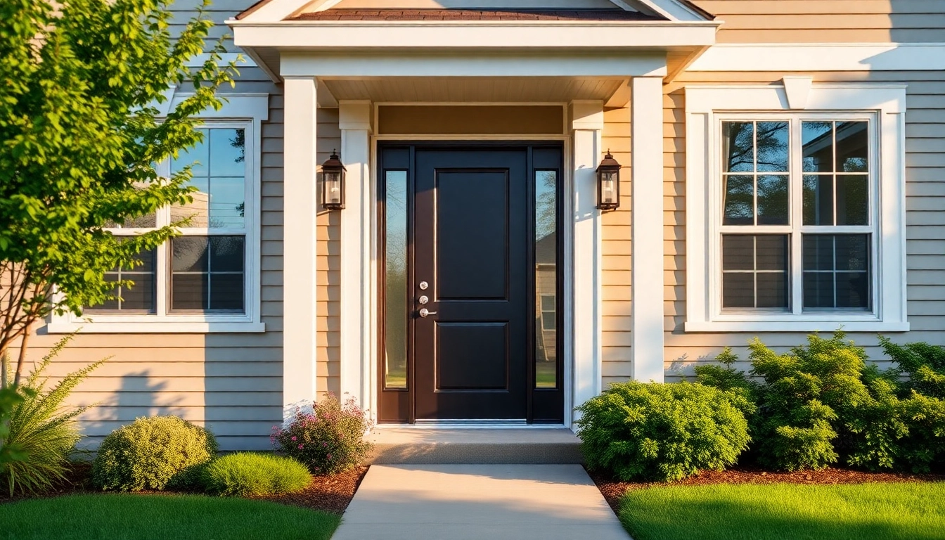 front door replacement: Modern entry with sidelights and brushed hardware for curb appeal.
