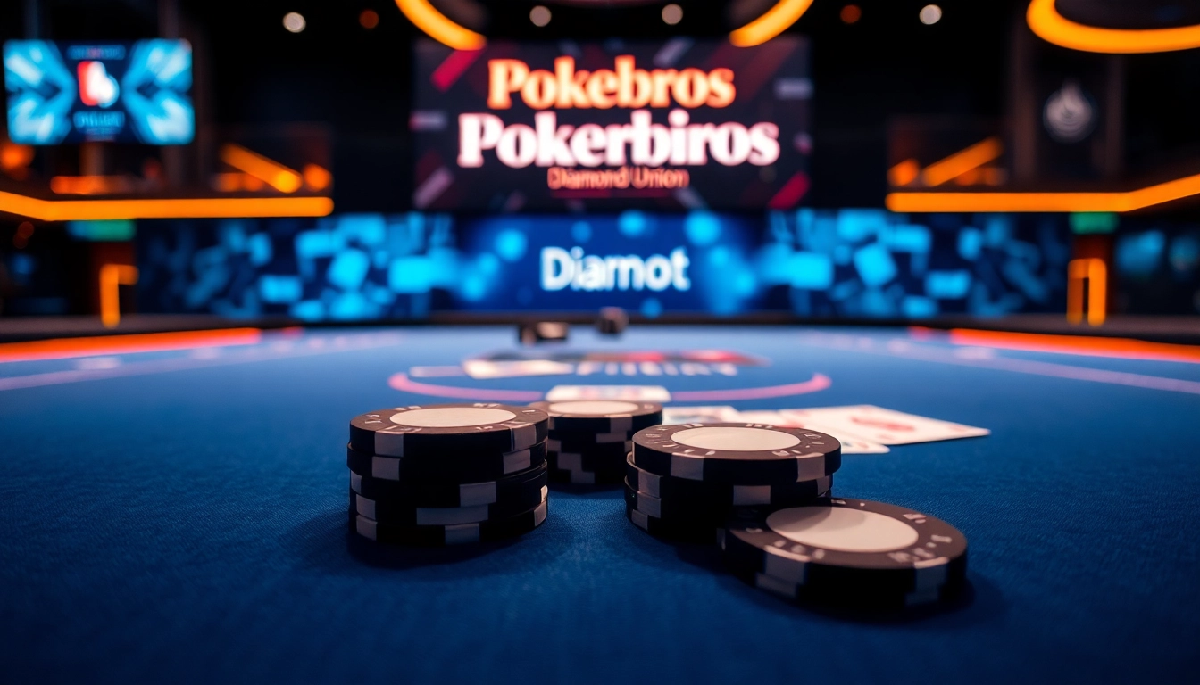 Pokerbros Diamond Union online poker club with chips and cards on a vibrant digital table
