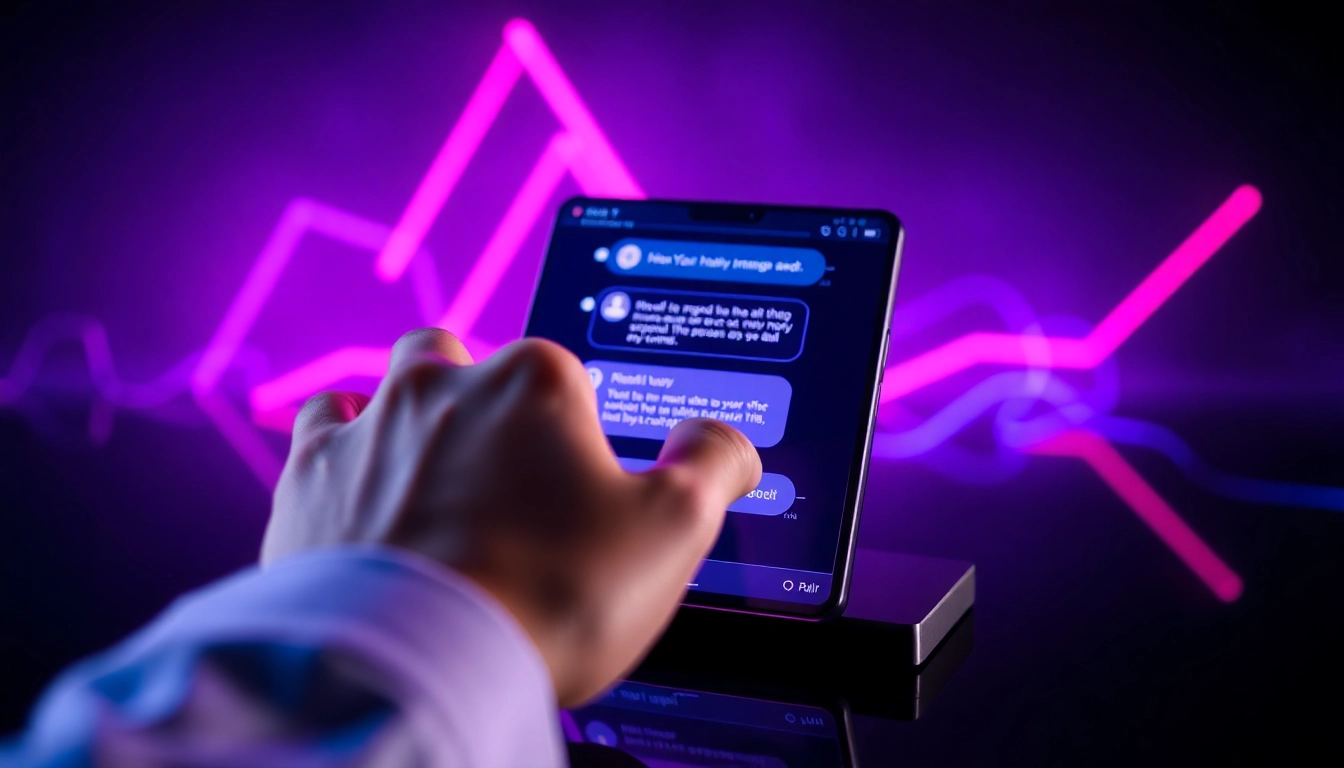 Close-up of a futuristic device screen displaying an AI chatbot interface with neon accents and a human hand interacting with it, evoking a high-tech adult conversation setting.