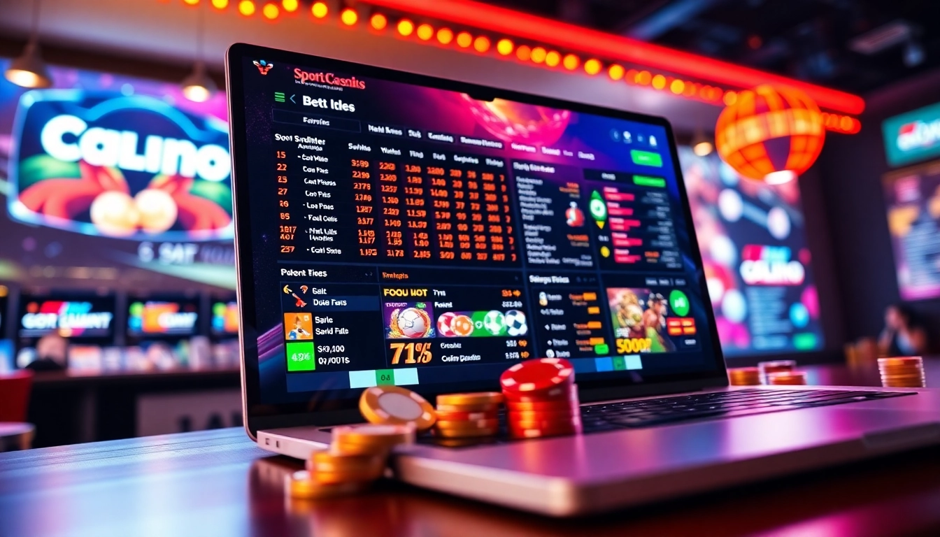 Digital sportsbook and casino platform with vibrant betting odds and gaming elements