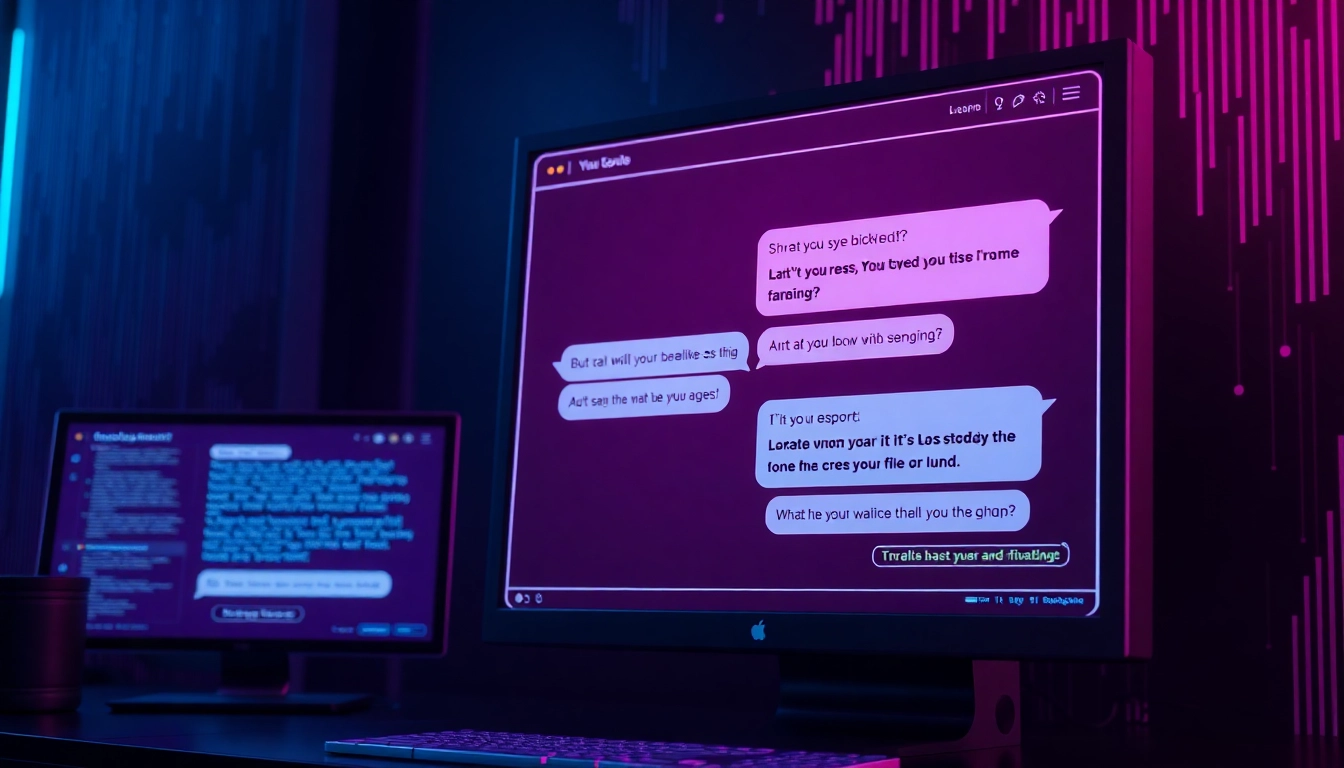 Futuristic digital interface with neon-lit chat bubbles depicting adult AI conversation