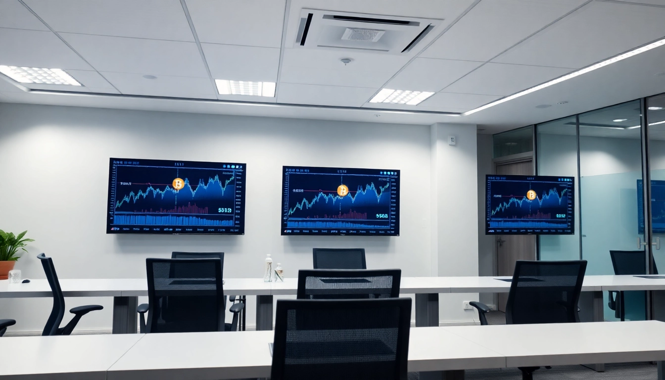 Microstrategy financial team analyzing Bitcoin data on screens for strategic investment decisions