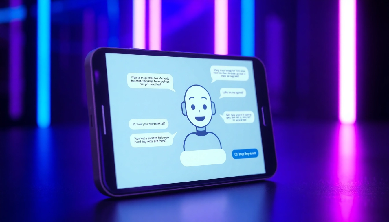 Futuristic chatbot interface on a sleek device with a friendly AI character and vibrant neon accents.
