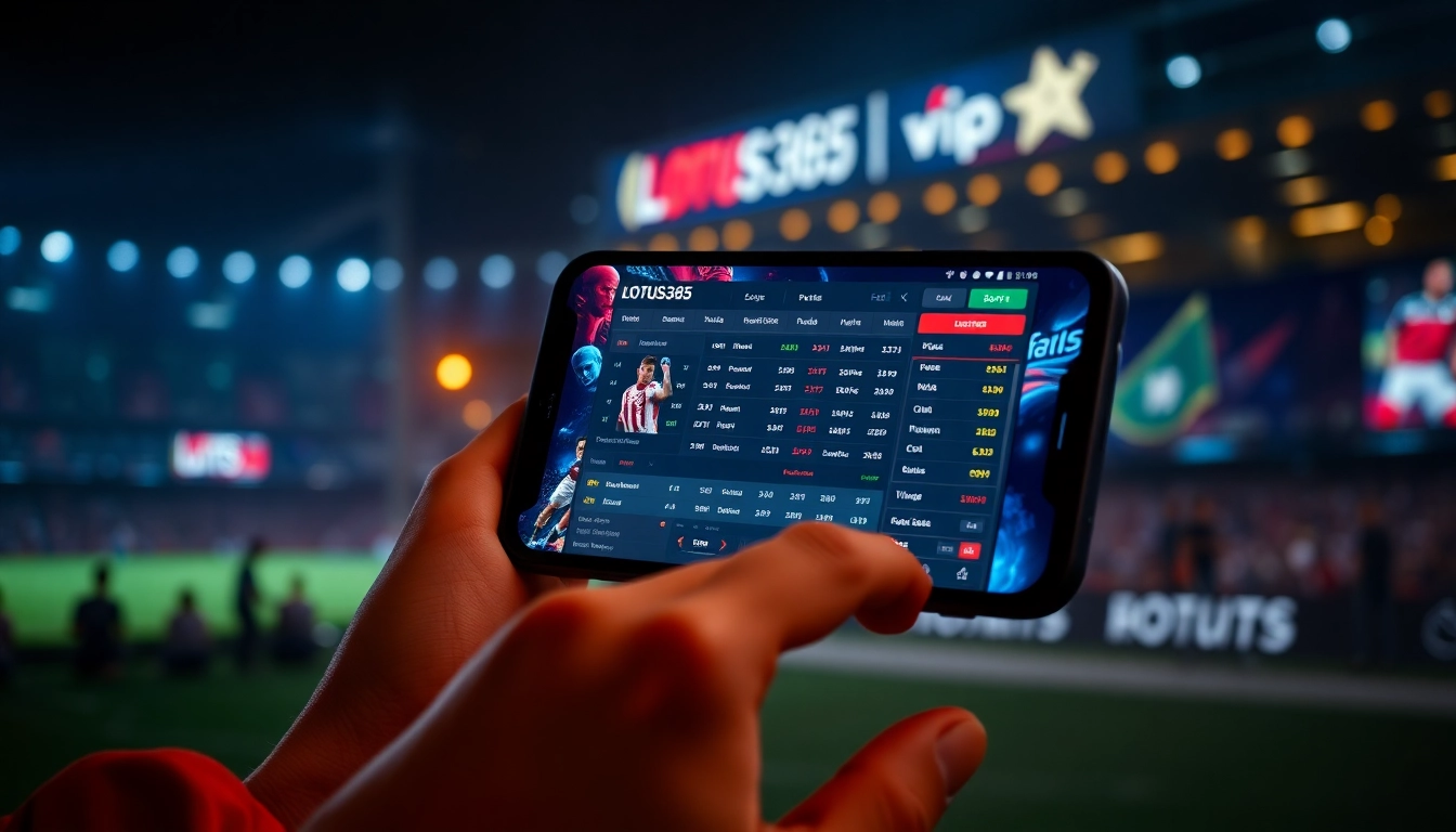 Action shot of a user engaging with the LOTUS365 vip betting platform on a smartphone, showcasing live sports odds and quick bets, emphasizing reliability and excitement for Indian bettors.