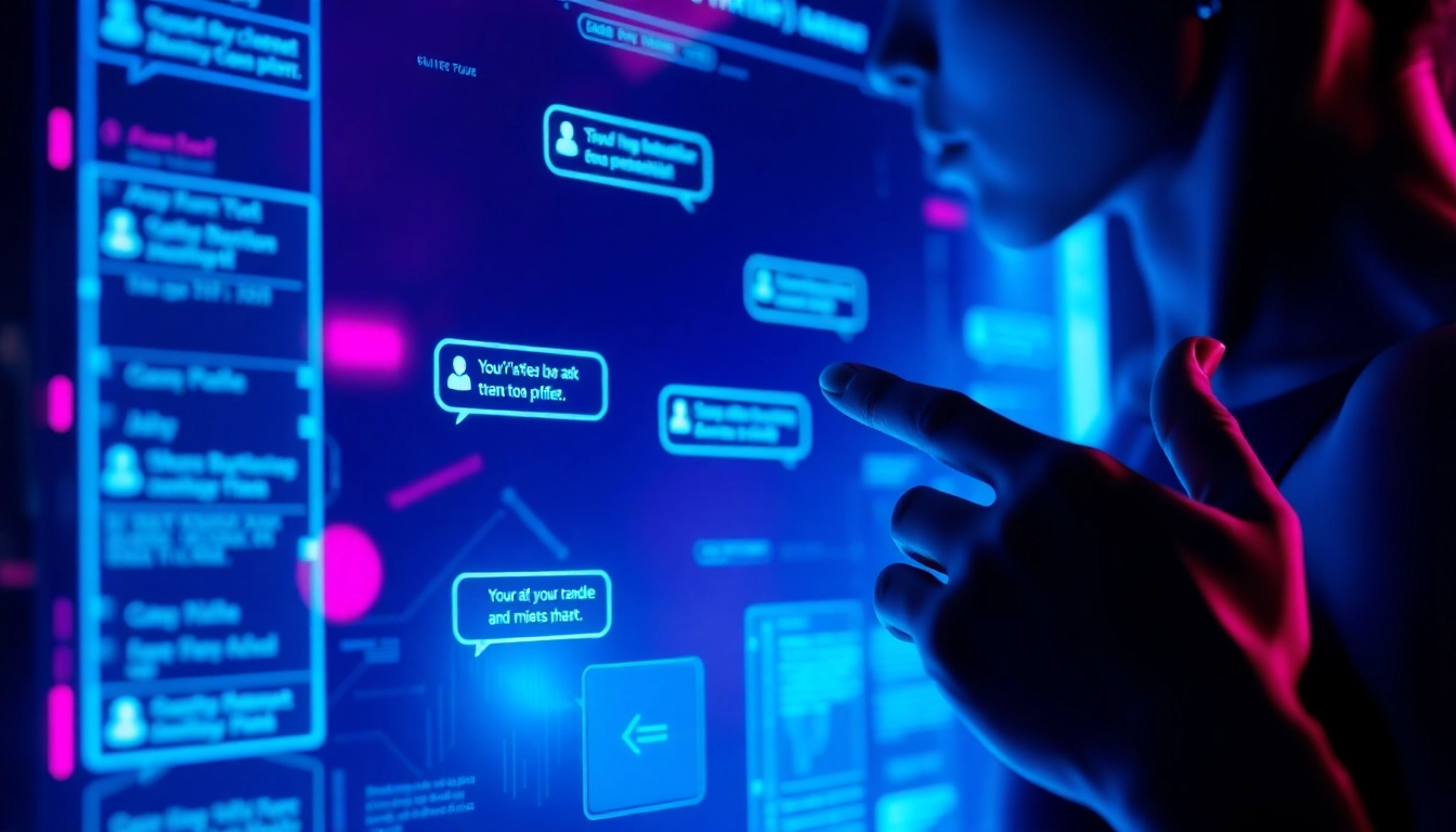 A futuristic digital interface with neon lights and a humanoid silhouette engaging with chatbot visuals, set in a cyberpunk-inspired scene.