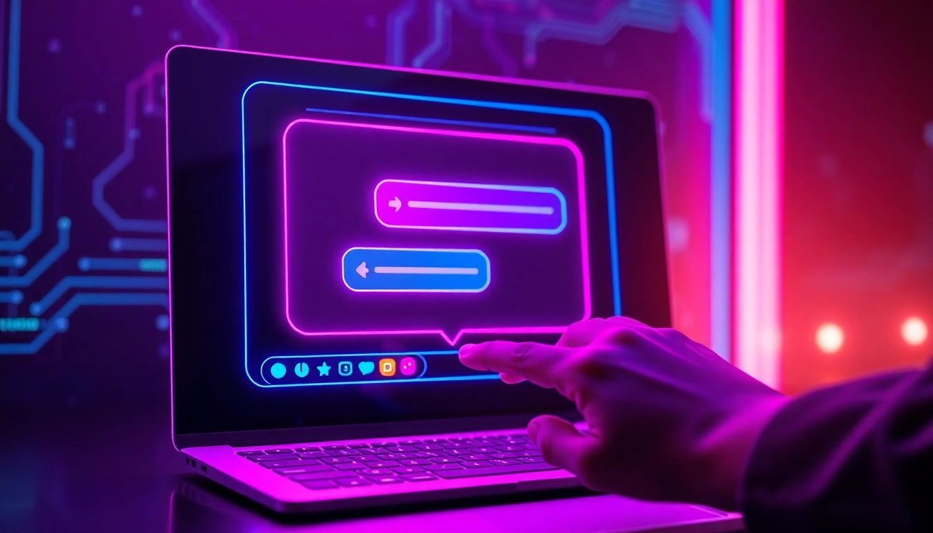 A futuristic chatbot interface with neon-colored speech bubbles on a sleek device screen, emphasizing technology and intimacy.