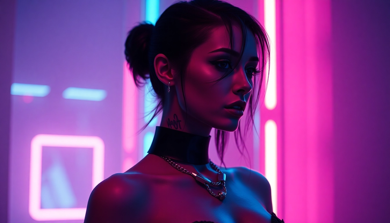 AI Porn Generator scene: neon-lit, tasteful female silhouette in a futuristic, cinematic portrait.