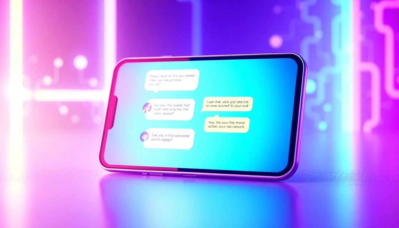 Futuristic chatbot interface on a sleek device with neon glow, representing engaging AI conversations with a cyberpunk aesthetic.