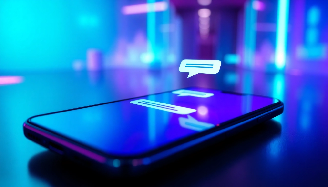 Futuristic smartphone displaying an AI chatbot conversation with a friendly AI character, glowing neon background, high-tech aesthetic.