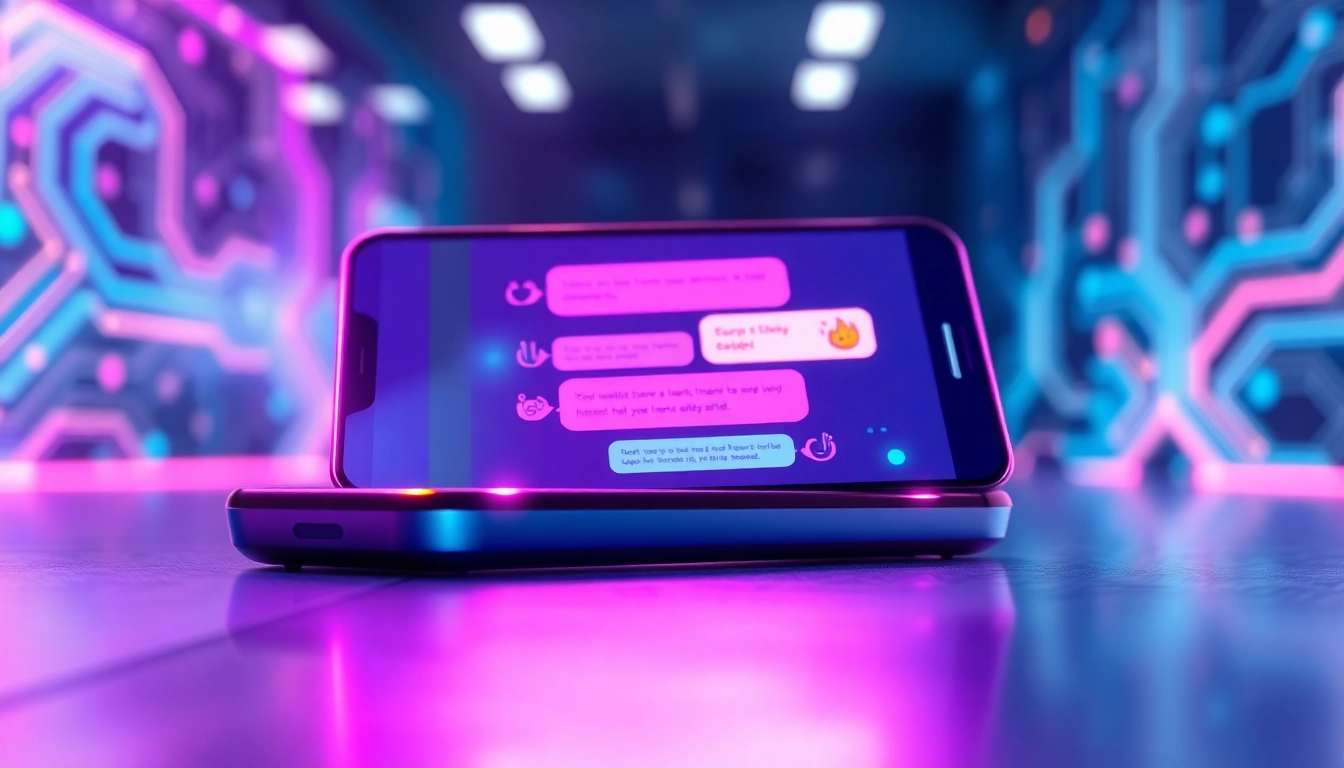 Futuristic mobile device displaying a lively spicy AI chat conversation with neon accents and digital backgrounds.