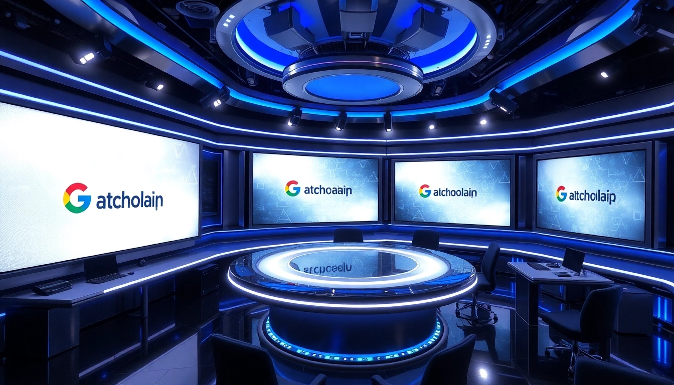 Tech Giants News coverage featuring a dynamic digital news desk and prominent tech company