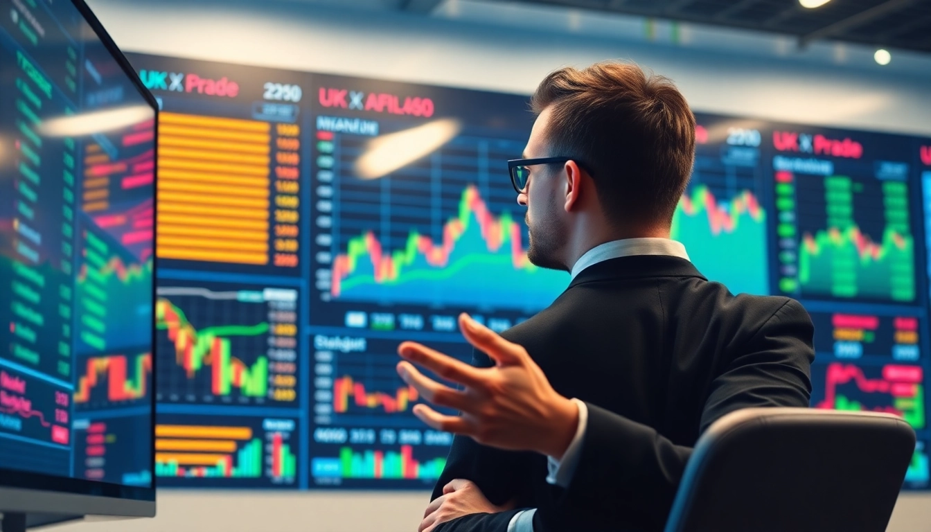 Professional trader analyzing Share Trading UK data with stock charts and market indicators on